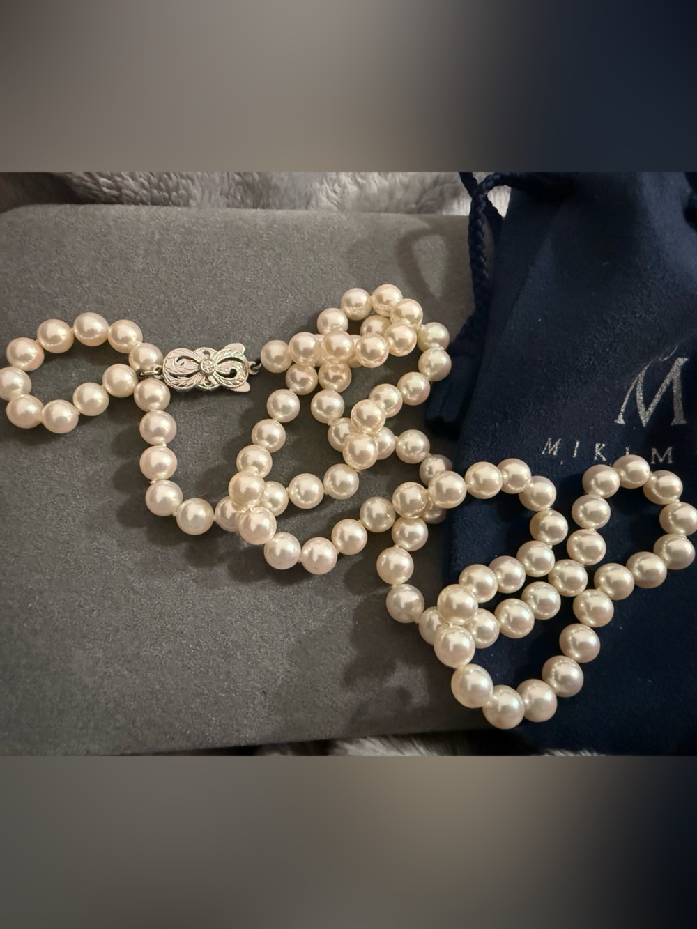Mikimoto 18k WHITE GOLD DIAMOND CLASP PEARL NECKLACE 24.5” WOW!